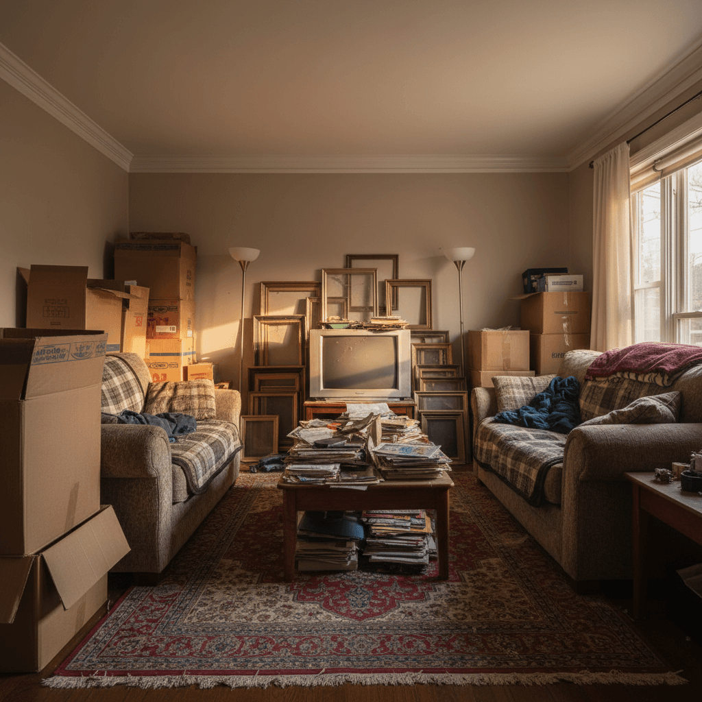 Pittsburgh living room cluttered with old couches, boxes, and belongings before a Steel City Cleanouts estate cleanout