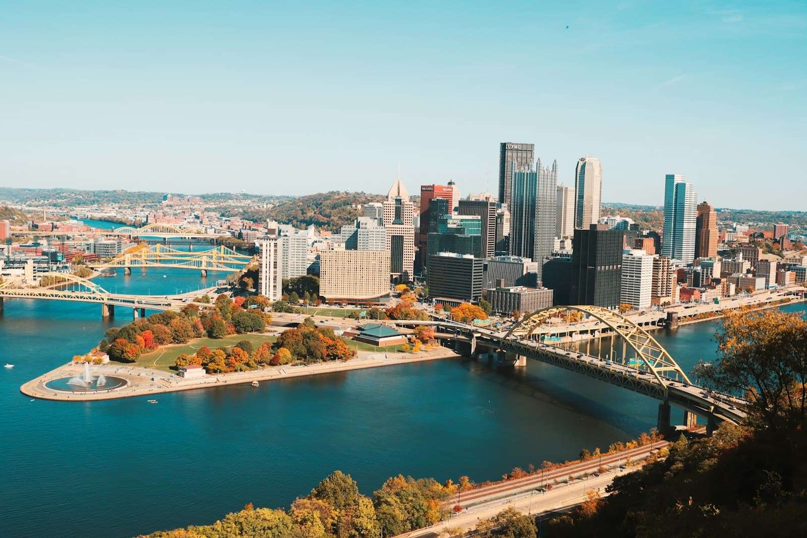 Aerial view of Pittsburgh's Point State Park, Fort Pitt Bridge, and the three rivers — the heart of our service area