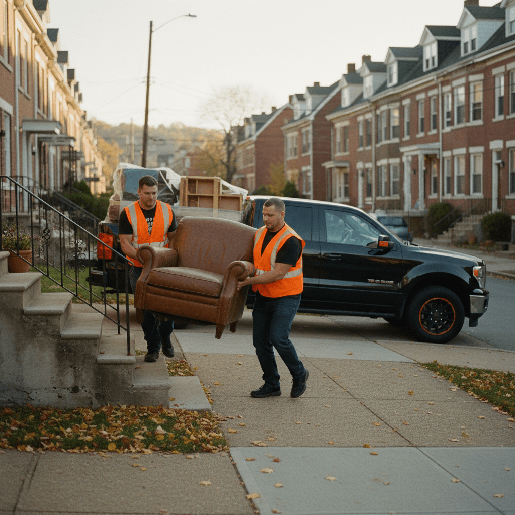 Two Steel City Cleanouts crew members in orange safety vests carrying a leather armchair down the front steps of a Pittsburgh row house