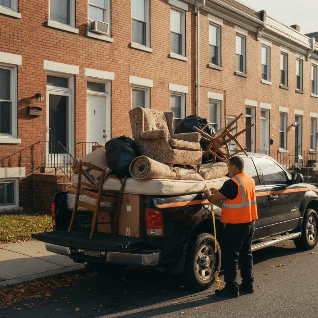Steel City Cleanouts crew member in orange safety vest securing a fully loaded junk removal truck at the curb in front of a Pittsburgh row house